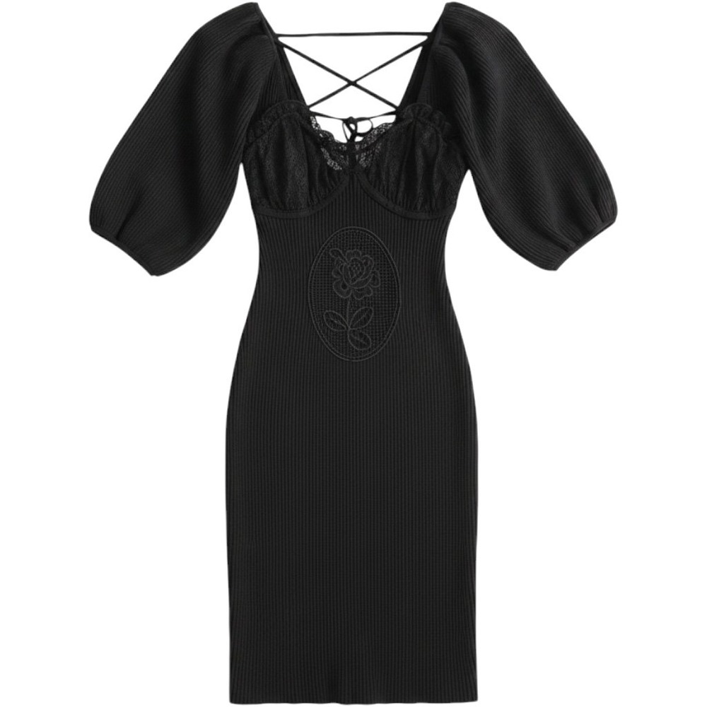 NWT S For Love & Lemons Black Ribbed Lace Up Puff‎ Sleeve Rose Cutout Midi Dress